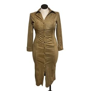 ZARA Suede Like Button Front Ruched Midi Dress Tan Long Sleeve Women Size M